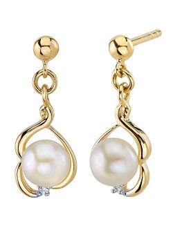Freshwater Cultured White Pearl Drop Earrings in 14K Yellow Gold, Round Button Shape, 5mm Dainty Dangle Design, Friction Backs