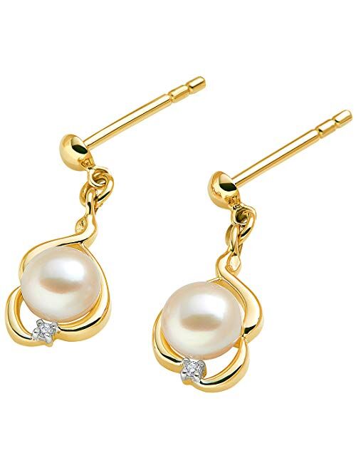 Peora Freshwater Cultured White Pearl Drop Earrings in 14K Yellow Gold, Round Button Shape, 5mm Dainty Dangle Design, Friction Backs