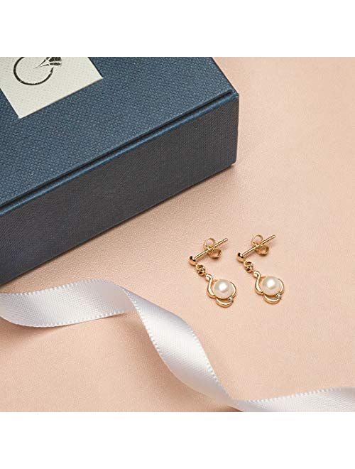 Peora Freshwater Cultured White Pearl Drop Earrings in 14K Yellow Gold, Round Button Shape, 5mm Dainty Dangle Design, Friction Backs
