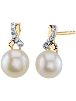 Freshwater Cultured White Pearl Stud Earrings in 14K Yellow Gold, Round Button Shape, 7mm Open Infinity Solitaire, Friction Backs