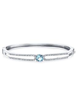 Swiss Blue Topaz Solaris Hinged Bangle Bracelet for Women in Sterling Silver, 1 Carat Round Shape, 2.25 inches diameter