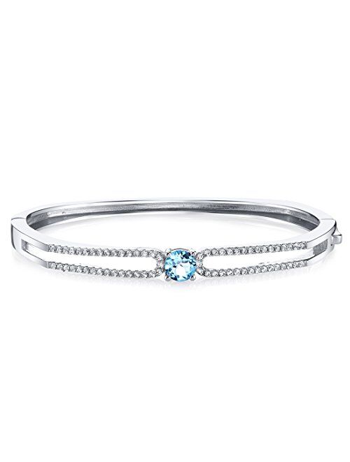Peora Swiss Blue Topaz Solaris Hinged Bangle Bracelet for Women in Sterling Silver, 1 Carat Round Shape, 2.25 inches diameter