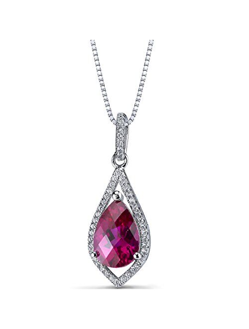 Peora Created Ruby Floating Teardrop Pendant Necklace for Women 925 Sterling Silver, 4 Carats Pear Shape 12x8mm, with 18 inch Chain