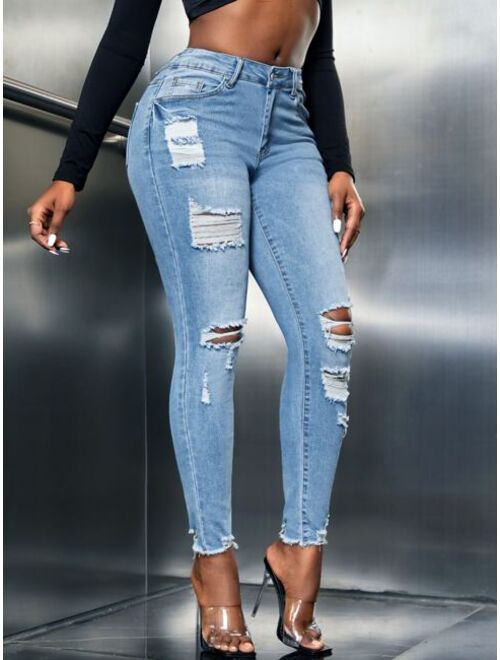 SHEIN SXY Cut Out Ripped Frayed Skinny Jeans