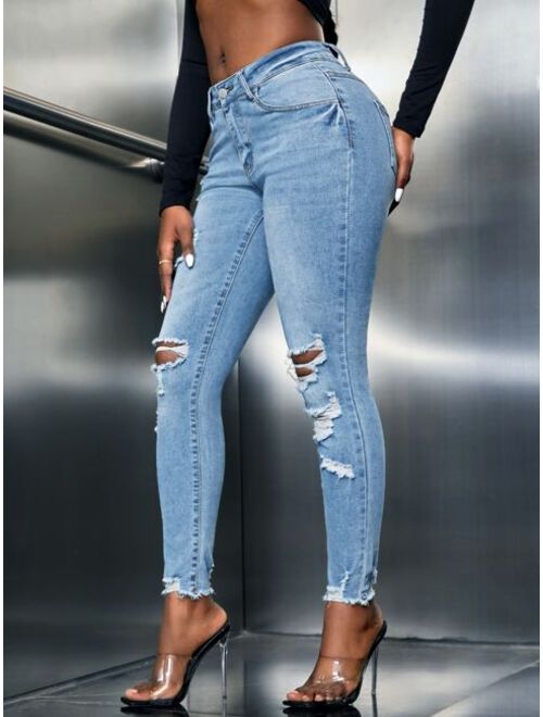 SHEIN SXY Cut Out Ripped Frayed Skinny Jeans