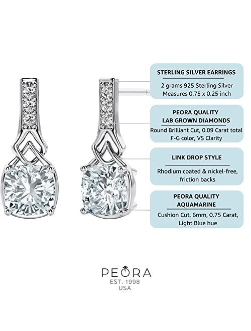 Peora Aquamarine and Lab Grown Diamond Link Cathedral Drop Earrings in Sterling Silver, 1.50 Carats total Cushion Cut 6mm, Friction Backs