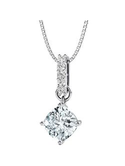 Aquamarine and Lab Grown Diamond Bar Drop Pendant Necklace in Sterling Silver, 0.80 Carat total Cushion Cut 6mm with 18 inch Chain