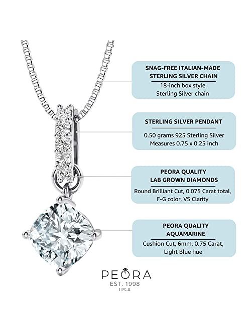 Peora Aquamarine and Lab Grown Diamond Bar Drop Pendant Necklace in Sterling Silver, 0.80 Carat total Cushion Cut 6mm with 18 inch Chain