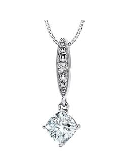 Aquamarine and Lab Grown Diamond Lily Drop Pendant Necklace in 925 Sterling Silver, 0.75 Carat total Cushion Cut 6mm with 18 inch Chain