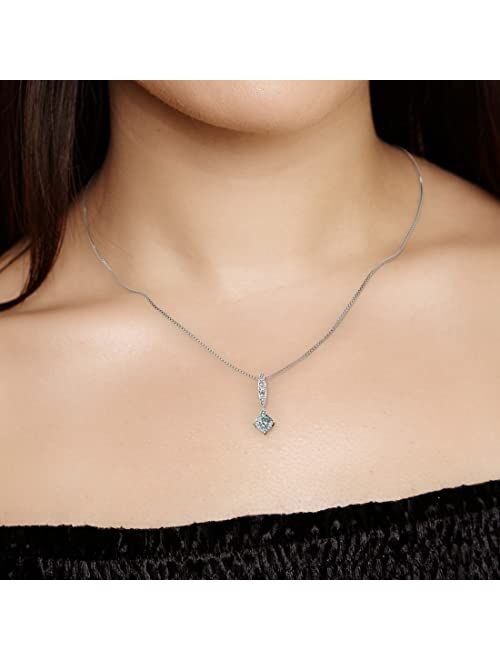 Peora Aquamarine and Lab Grown Diamond Lily Drop Pendant Necklace in 925 Sterling Silver, 0.75 Carat total Cushion Cut 6mm with 18 inch Chain