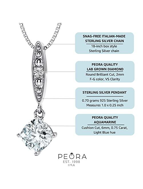 Peora Aquamarine and Lab Grown Diamond Lily Drop Pendant Necklace in 925 Sterling Silver, 0.75 Carat total Cushion Cut 6mm with 18 inch Chain
