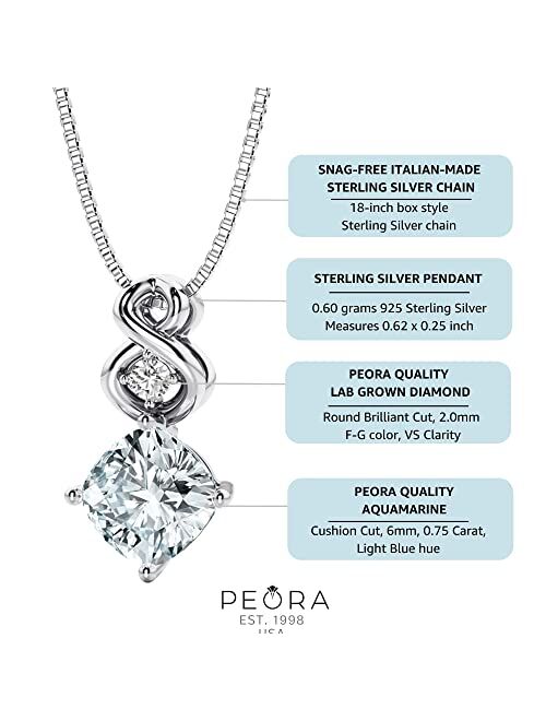 Peora Aquamarine and Lab Grown Diamond Infinity Pendant Necklace in Sterling Silver, 0.75 Carat total Cushion Cut 6mm with 18 inch Chain