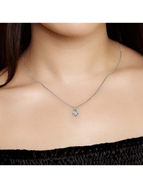 Peora Aquamarine and Lab Grown Diamond Wishbone Pendant Necklace in Sterling Silver, 0.75 Carat total Cushion Cut 6mm with 18 inch Chain