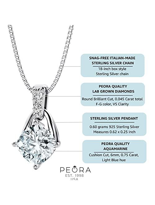 Peora Aquamarine and Lab Grown Diamond Wishbone Pendant Necklace in Sterling Silver, 0.75 Carat total Cushion Cut 6mm with 18 inch Chain