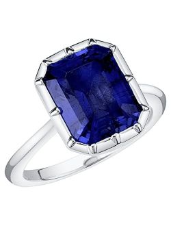 14K Gold Created Blue Sapphire Ring for Women, Bezel Solitaire, 6.50 Carats, 11x9mm Emerald Cut, Sizes 4 to 10