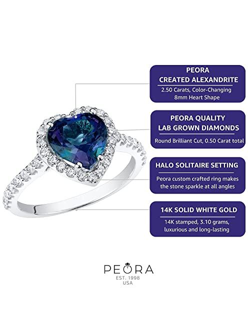 Peora Created Alexandrite with Lab Grown Diamonds Sweetheart Ring for Women 14K White or Yellow Gold, 3 Carats Total, Color-Changing 8mm Heart Shape, Sizes 4 to 10