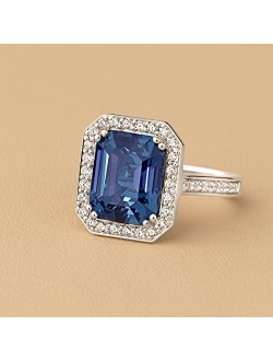 Created Alexandrite with Lab Grown Diamonds Modern Art Deco Ring for Women 14K White or Yellow Gold, 7.75 Carats Total, Color-Changing 12x10mm Emerald Cut, Sizes 4