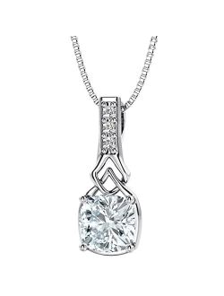Aquamarine and Lab Grown Diamond Cathedral Drop Pendant Necklace in Sterling Silver, 0.75 Carat total Cushion Cut 6mm with 18 inch Chain