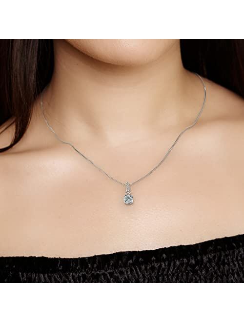 Peora Aquamarine and Lab Grown Diamond Cathedral Drop Pendant Necklace in Sterling Silver, 0.75 Carat total Cushion Cut 6mm with 18 inch Chain