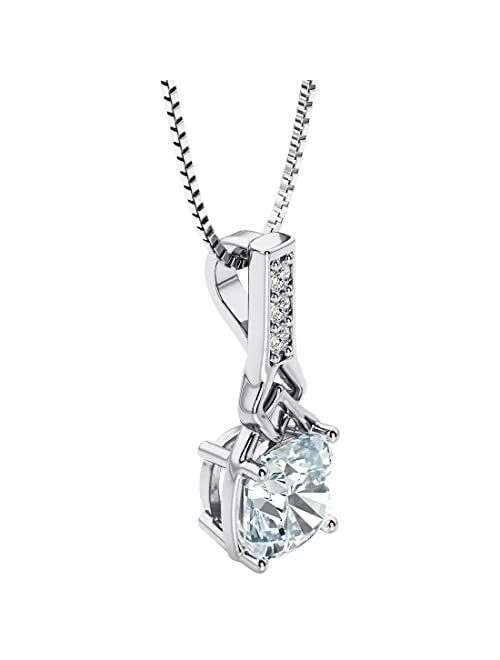 Peora Aquamarine and Lab Grown Diamond Cathedral Drop Pendant Necklace in Sterling Silver, 0.75 Carat total Cushion Cut 6mm with 18 inch Chain