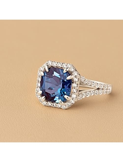 Created Alexandrite with Lab Grown Diamonds Half-Eternity Solitaire Ring for Women 14K White or Yellow Gold, 5.40 Carats Total, Color-Changing 10mm Cushion Cut, Siz