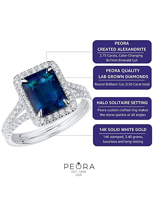 Peora Created Alexandrite with Lab Grown Diamonds Half-Eternity Solitaire Ring for Women 14K White or Yellow Gold, 3.25 Carats Total, Color-Changing 9x7mm Emerald Cut, Si
