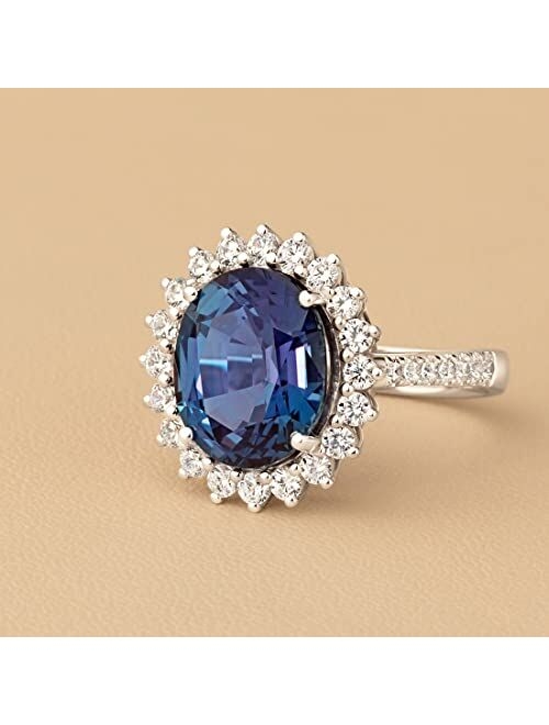 Peora Created Alexandrite with Lab Grown Diamonds Statement Ring for Women Half-Eternity 14K White or Yellow Gold, 6.75 Carats Total, Color-Changing 12x10mm Oval Shape, S