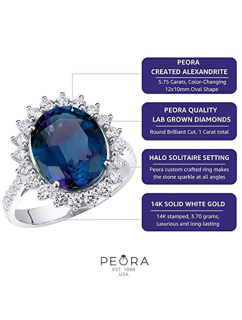 Peora Created Alexandrite with Lab Grown Diamonds Statement Ring for Women Half-Eternity 14K White or Yellow Gold, 6.75 Carats Total, Color-Changing 12x10mm Oval Shape, S