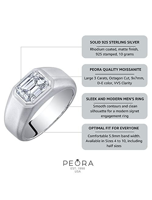Peora 3 Carats Men's Moissanite Ring, Emerald Cut, D-E Color, VVS, 925 Sterling Silver, Matte Polished, Comfort Fit, Sizes 8 to 14