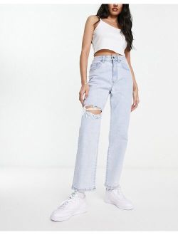 Cotton:On stretch straight jeans with rips in bleach wash