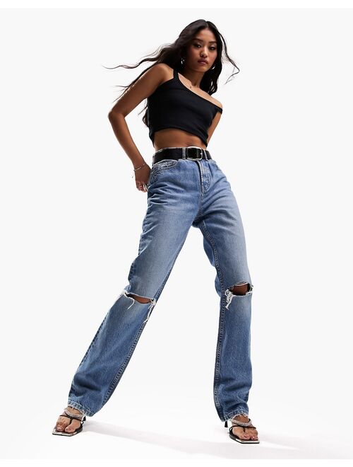 ASOS DESIGN 90s straight jeans in mid blue with knee rips