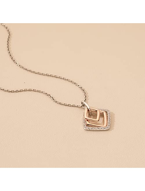 Peora Rose Gold-tone 925 Sterling Silver Open Layered Square Pendant Necklace for Women with 17 inch Chain + 3 inch extender, Hypoallergenic Fine Jewelry