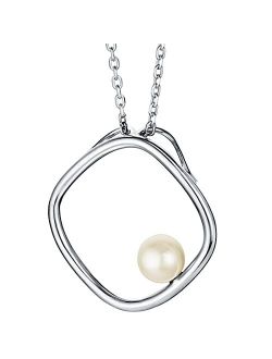 Freshwater Cultured Pearl Gravity Square Pendant Necklace for Women in 925 Sterling Silver with 17 inch Chain   3 inch extender, Hypoallergenic Fine Jewelry