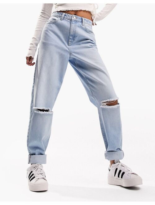 ASOS DESIGN relaxed mom jeans in light blue with knee rips