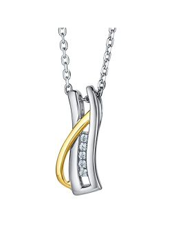 Two-Tone Sterling Silver Ribboned Bar Pendant Necklace with 17 inch Chain   3 inch extender