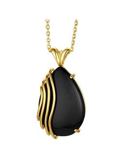 Yellow-Tone Sterling Silver Teardrop Black Onyx Waves Pendant Necklace with 17 inch Chain   3 inch extender