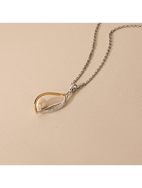 Peora Freshwater Cultured Pearl Teardrop Pendant Necklace in Two-Tone Sterling Silver with 17 inch Chain + 3 inch extender