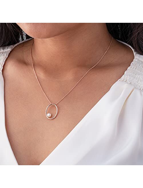 Peora Freshwater Cultured Pearl Gravity Circle Pendant Necklace in Rose-Tone Sterling Silver with 17 inch Chain + 3 inch extender