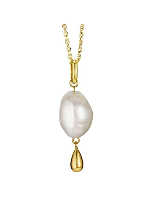 Peora 925 Freshwater Cultured Pearl Dangle Charm Pendant Neckace for Women in Yellow-Tone Sterling Silver with 17 inch Chain + 3 inch extender