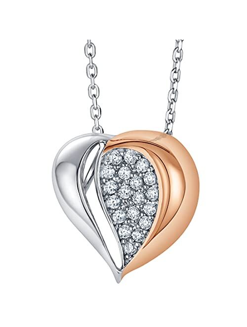 Peora Two-Tone Sterling Silver Embellished Heart Pendant Necklace with 17 inch Chain + 3 inch extender