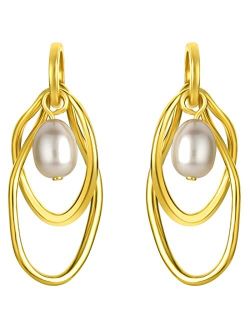 Yellow-Tone 925 Sterling Silver Interlocking Oval Freshwater Cultured Pearl Drop Earrings for Women, Hypoallergenic Fine Jewelry
