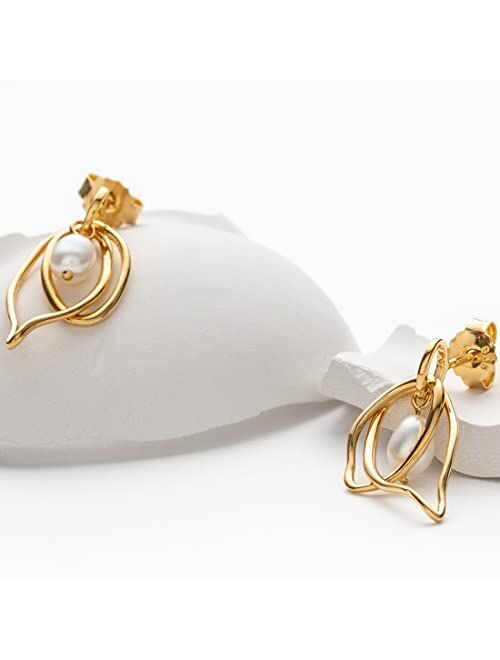 Peora Yellow-Tone 925 Sterling Silver Interlocking Oval Freshwater Cultured Pearl Drop Earrings for Women, Hypoallergenic Fine Jewelry