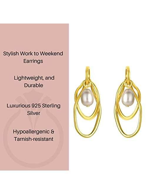Peora Yellow-Tone 925 Sterling Silver Interlocking Oval Freshwater Cultured Pearl Drop Earrings for Women, Hypoallergenic Fine Jewelry