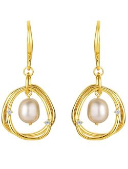 Yellow-Tone 925 Sterling Silver Freshwater Cultured Pearl Wreath Drop Earrings for Women, Hypoallergenic Fine Jewelry
