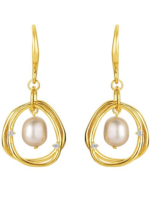 Peora Yellow-Tone 925 Sterling Silver Freshwater Cultured Pearl Wreath Drop Earrings for Women, Hypoallergenic Fine Jewelry