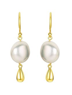 Freshwater Cultured Pearl Dangle Charm Drop Earrings for Women in Yellow-Tone 925 Sterling Silver, Hypoallergenic Fine Jewelry