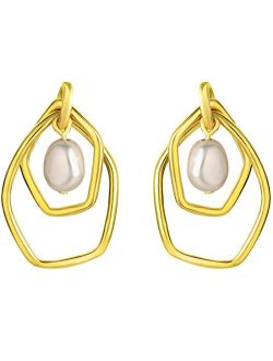 Yellow-Tone 925 Sterling Silver Organic Circlets Freshwater Cultured Pearl Charm Drop Earrings for Women, Hypoallergenic Fine Jewelry