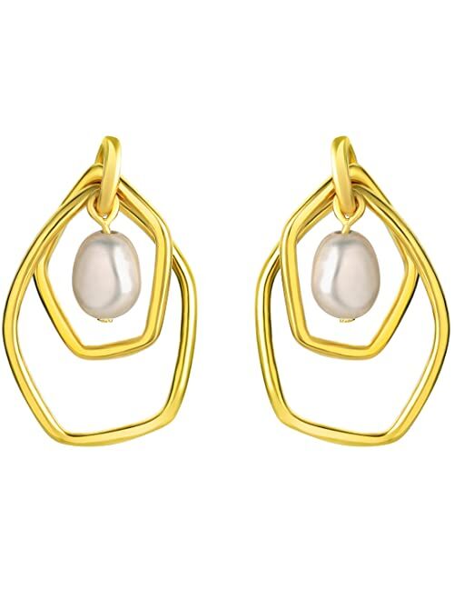 Peora Yellow-Tone 925 Sterling Silver Organic Circlets Freshwater Cultured Pearl Charm Drop Earrings for Women, Hypoallergenic Fine Jewelry