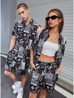 UNISEX 1pc Letter Graphic Shirt & 1pc Shorts Without Cami Top