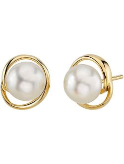 Freshwater Cultured White Pearl Stud Earrings in 14K Yellow Gold, Round Button Shape, 7mm Swirl Solitaire, Friction Backs